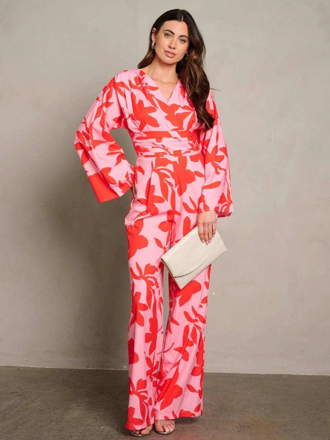 WOMEN'S LONG PUFF SLEEVE SURPLICE PRINTED WIDE LEG JUMPSUIT