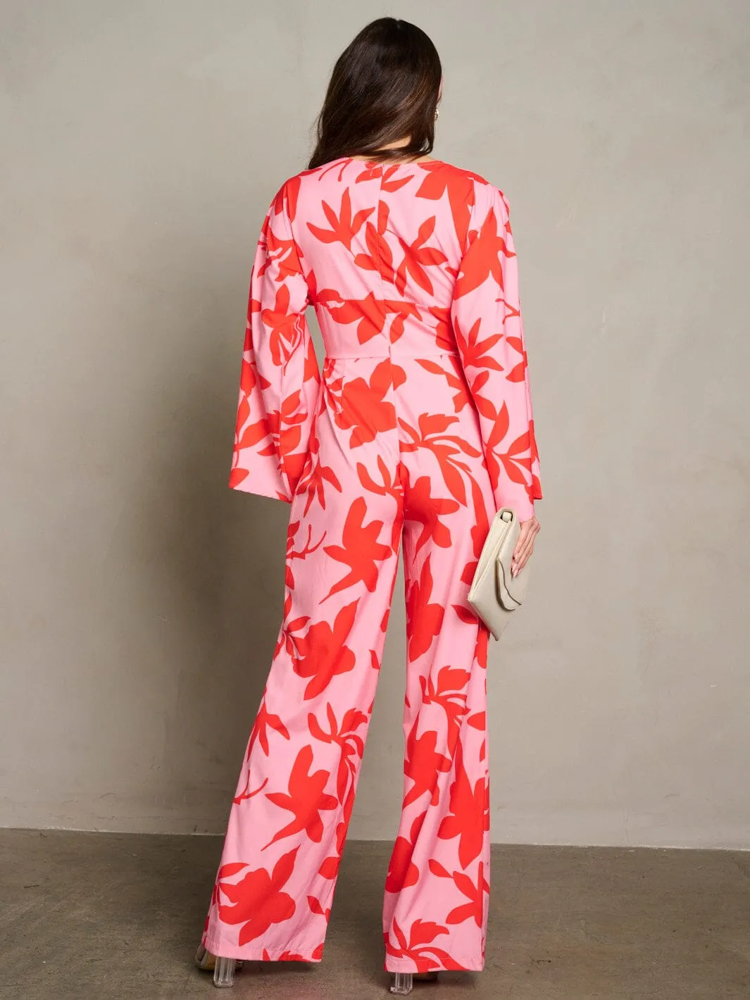 WOMEN'S LONG PUFF SLEEVE SURPLICE PRINTED WIDE LEG JUMPSUIT