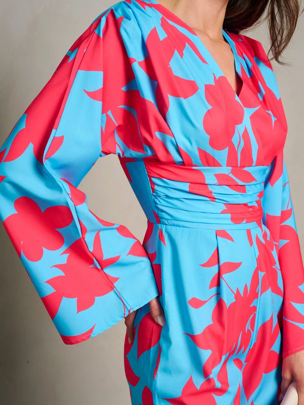 WOMEN'S LONG PUFF SLEEVE SURPLICE PRINTED WIDE LEG JUMPSUIT