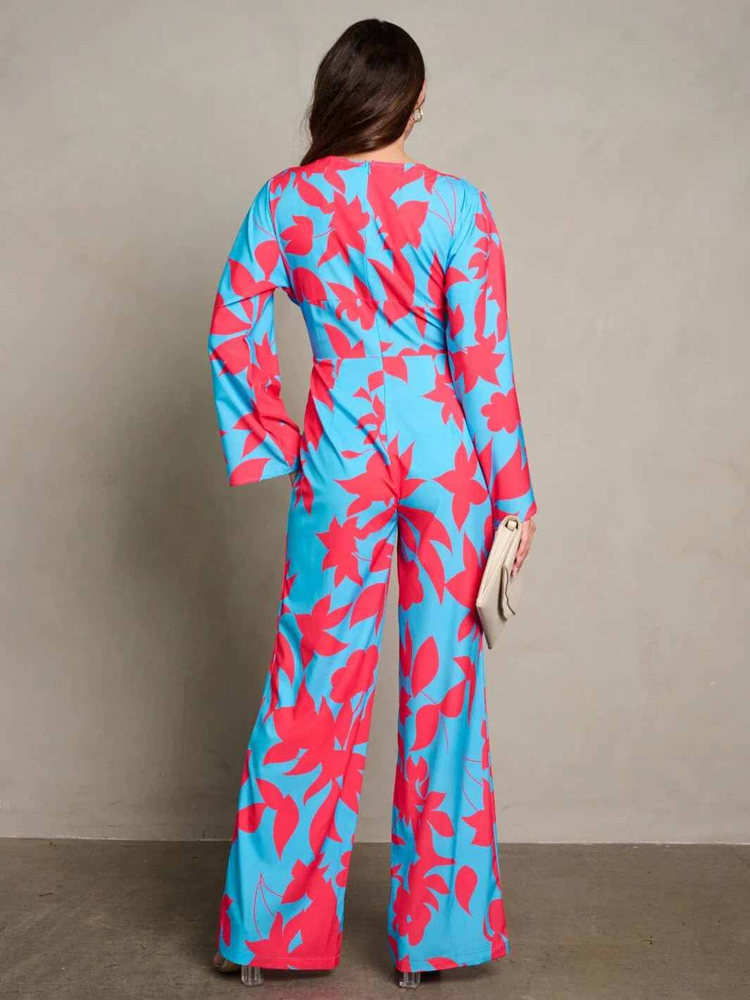 WOMEN'S LONG PUFF SLEEVE SURPLICE PRINTED WIDE LEG JUMPSUIT
