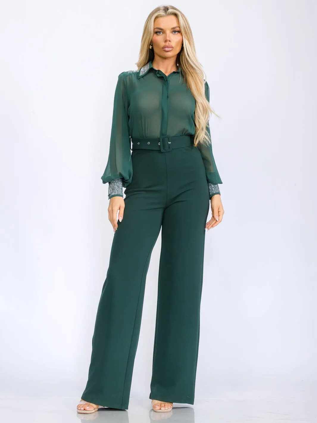 WOMEN'S LONG SLEEVE BUTTON UP MESH STUDS DETAILED BELTED WIDE LEG JUMPSUIT