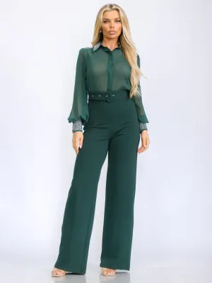 WOMEN'S LONG SLEEVE BUTTON UP MESH STUDS DETAILED BELTED WIDE LEG JUMPSUIT