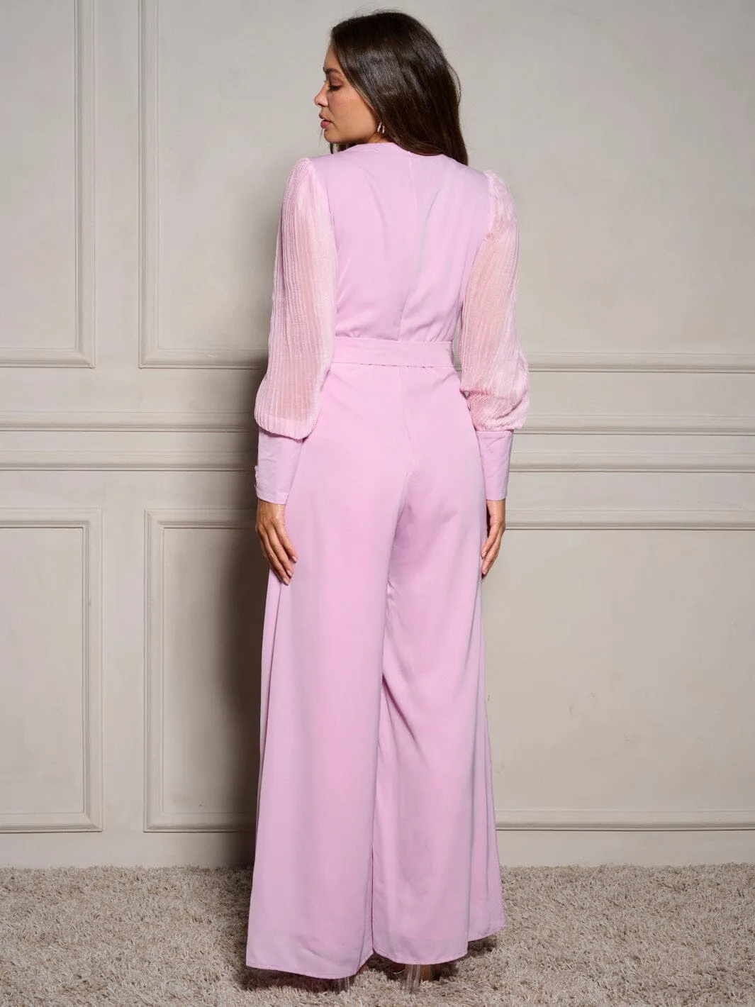 WOMEN'S LONG SLEEVE FRONT CUT OUT BELTED WIDE LEG JUMPSUIT