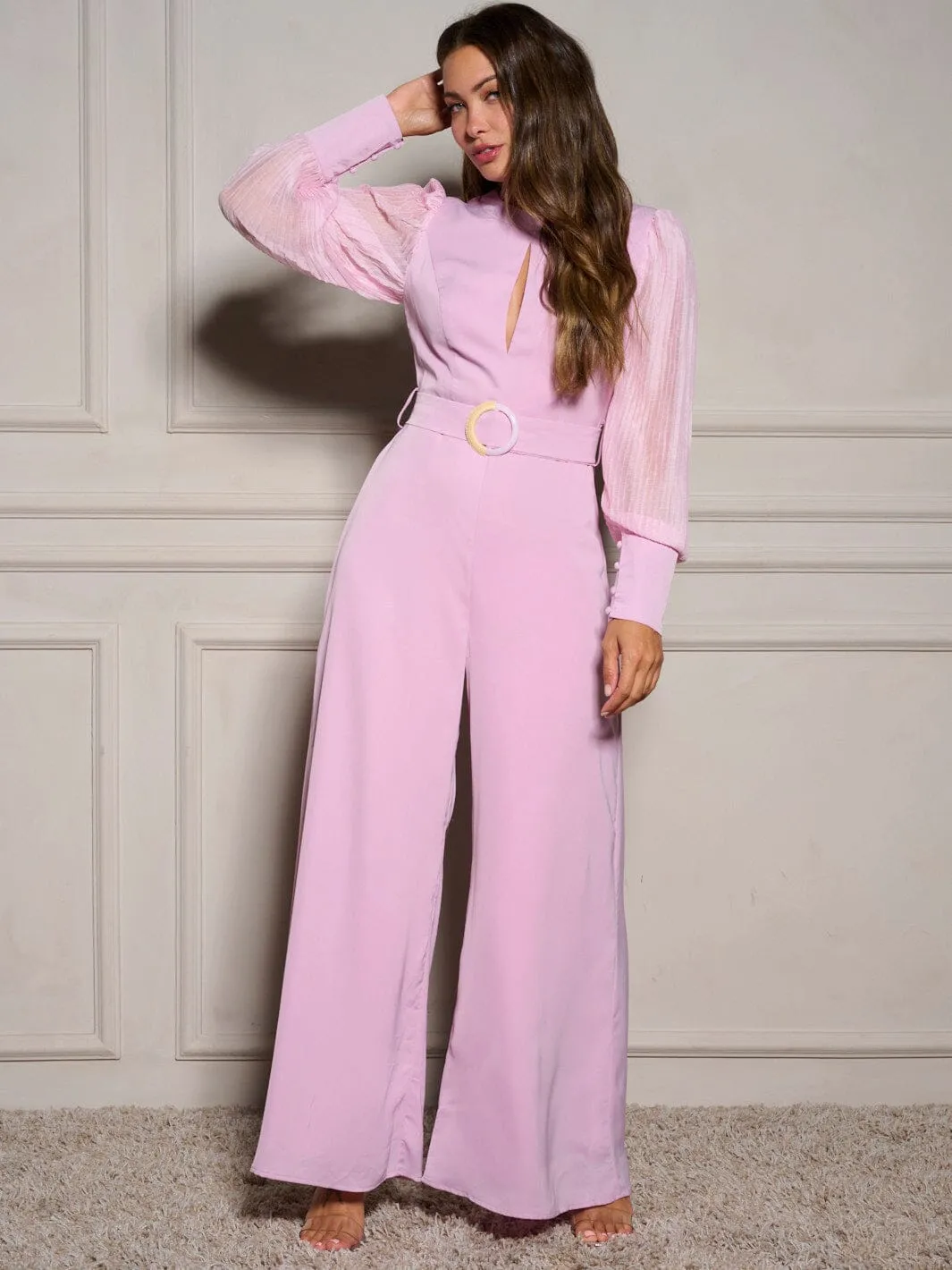 WOMEN'S LONG SLEEVE FRONT CUT OUT BELTED WIDE LEG JUMPSUIT