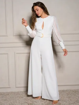 WOMEN'S LONG SLEEVE FRONT CUT OUT BELTED WIDE LEG JUMPSUIT