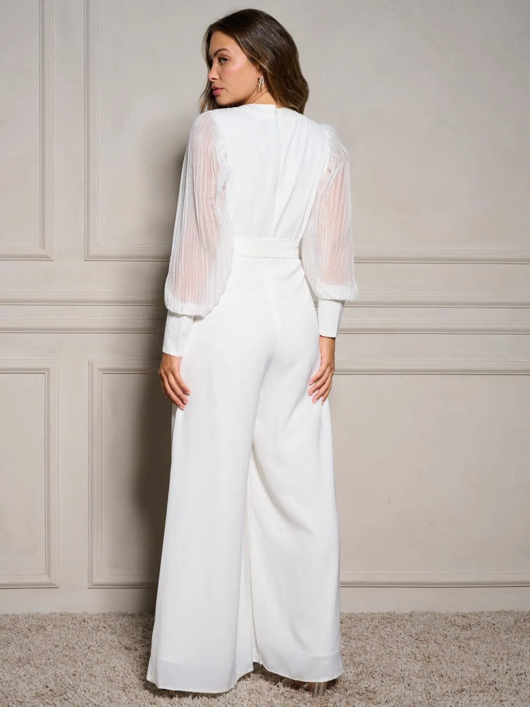 WOMEN'S LONG SLEEVE FRONT CUT OUT BELTED WIDE LEG JUMPSUIT