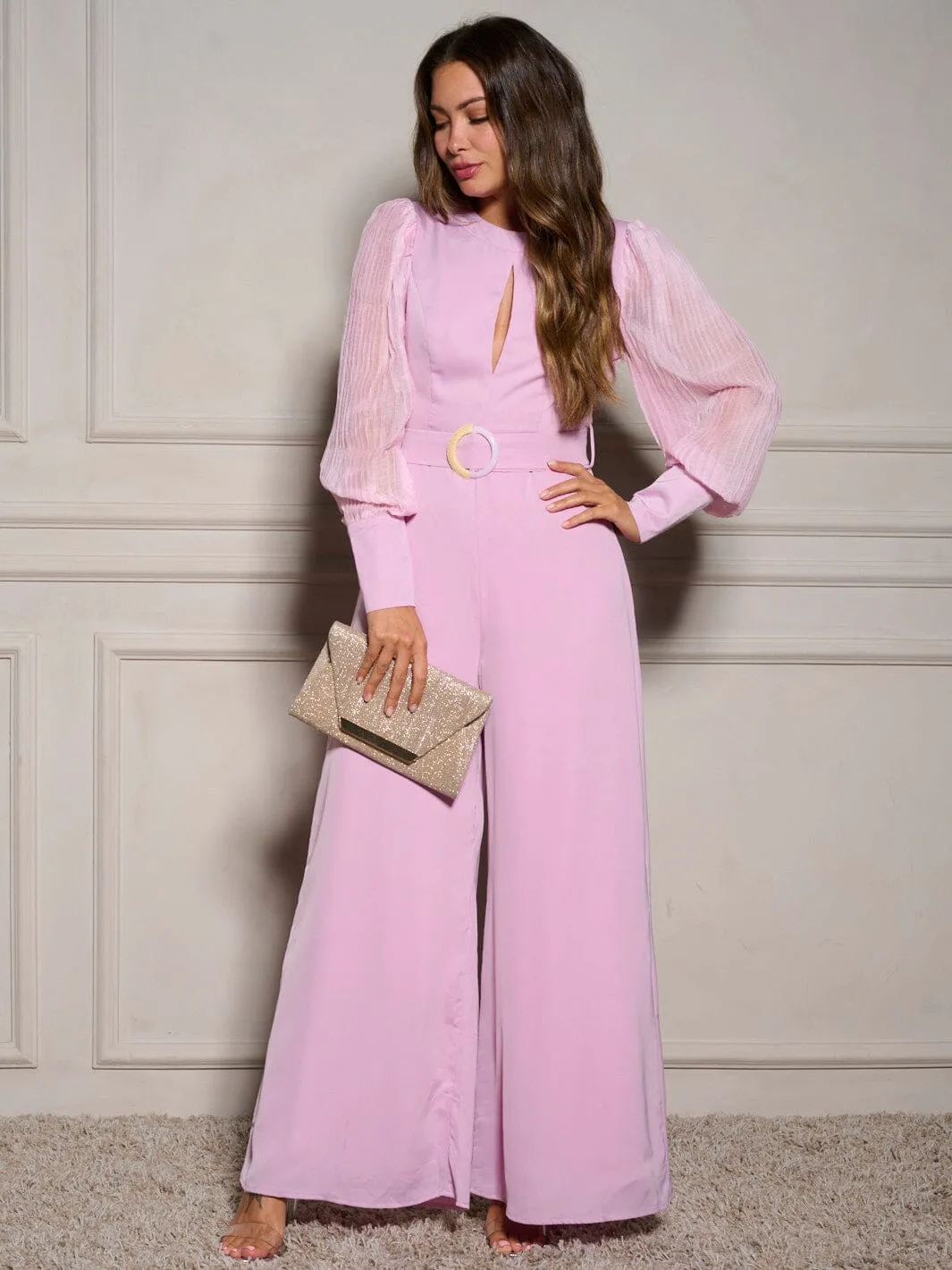 WOMEN'S LONG SLEEVE FRONT CUT OUT BELTED WIDE LEG JUMPSUIT