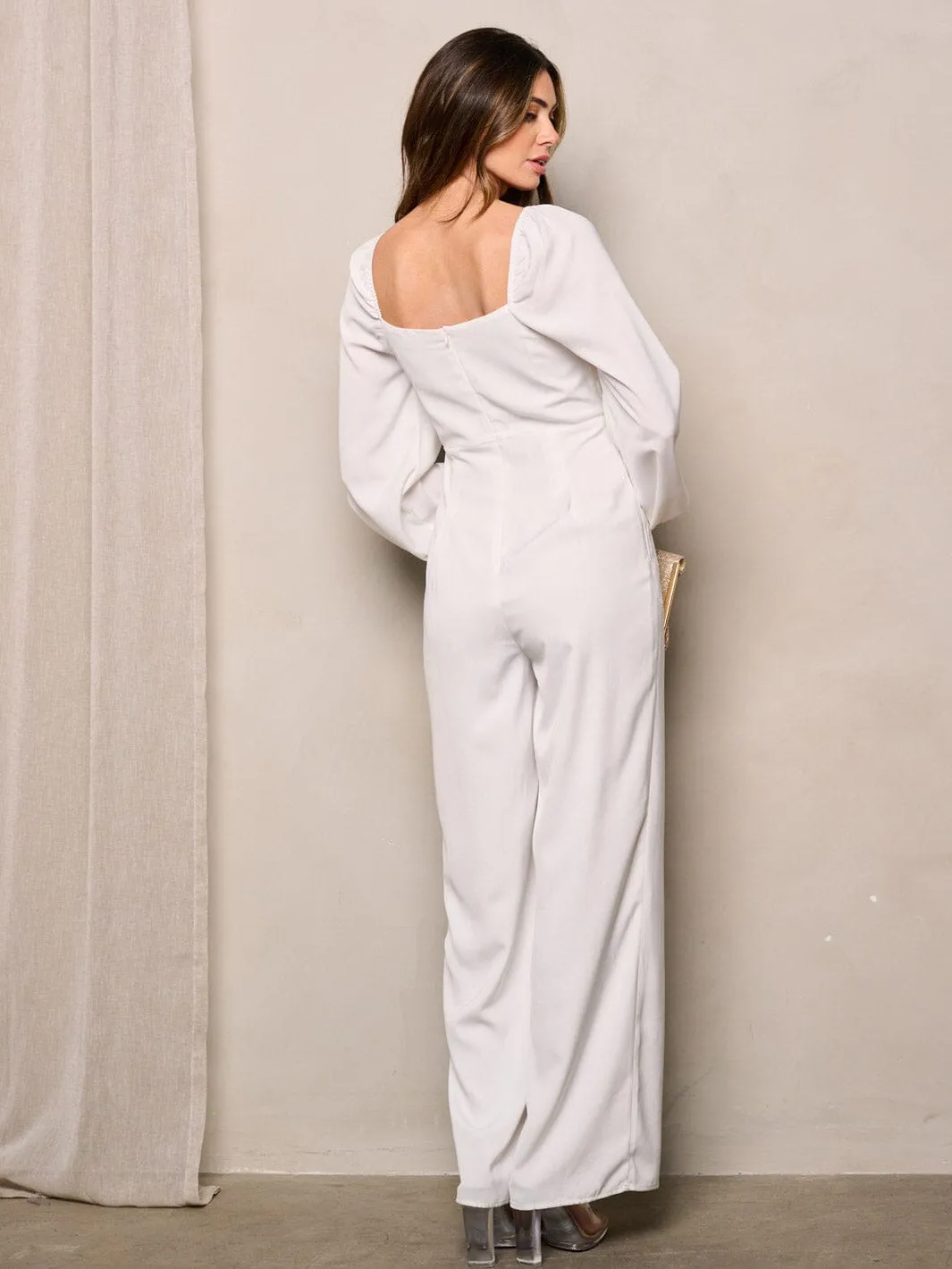 WOMEN'S LONG SLEEVE V-NECK FRON CUT OUT WIDE LEG JUMPSUIT