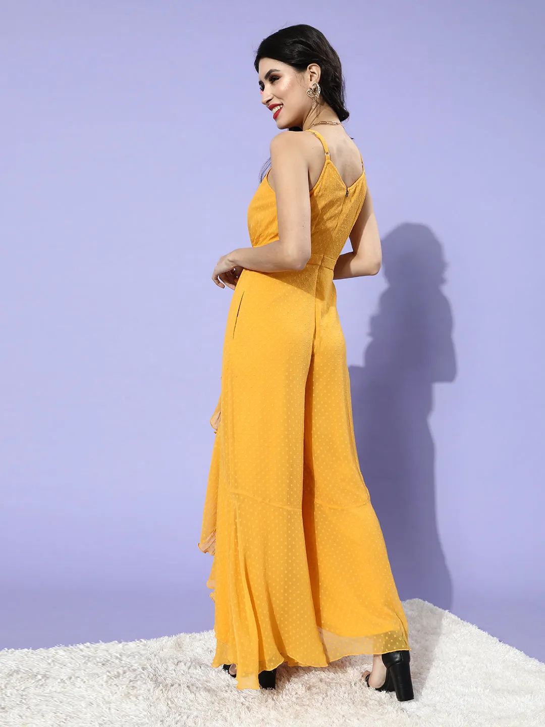 Women's Mustard-Yellow Halter Neck Sleeveless Solid Ruffled Regular Jumpsuit
