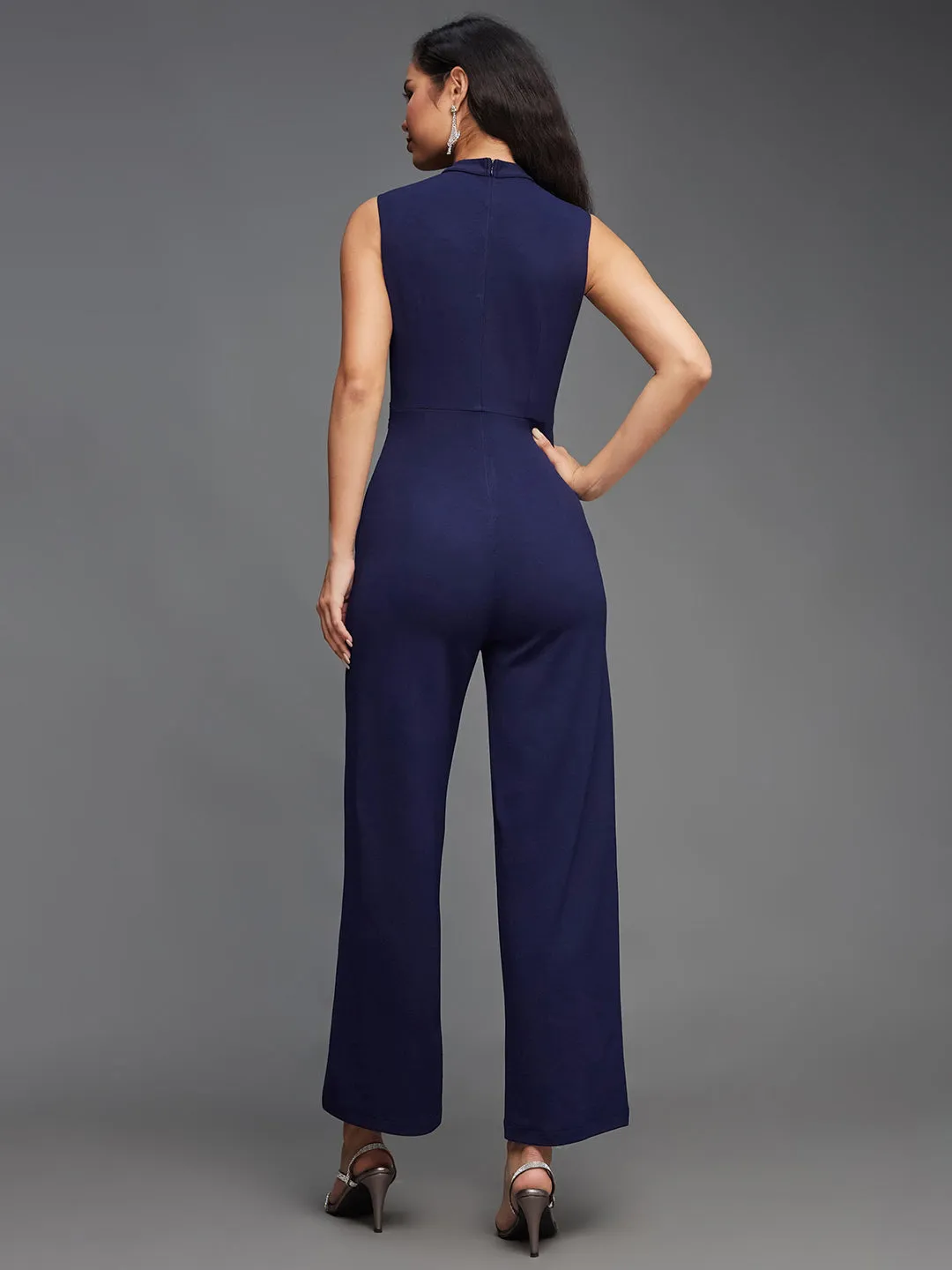Women's Navy-Blue Collared Sleeveless Solid Asymmetric Neck Cut-Out Jumpsuit