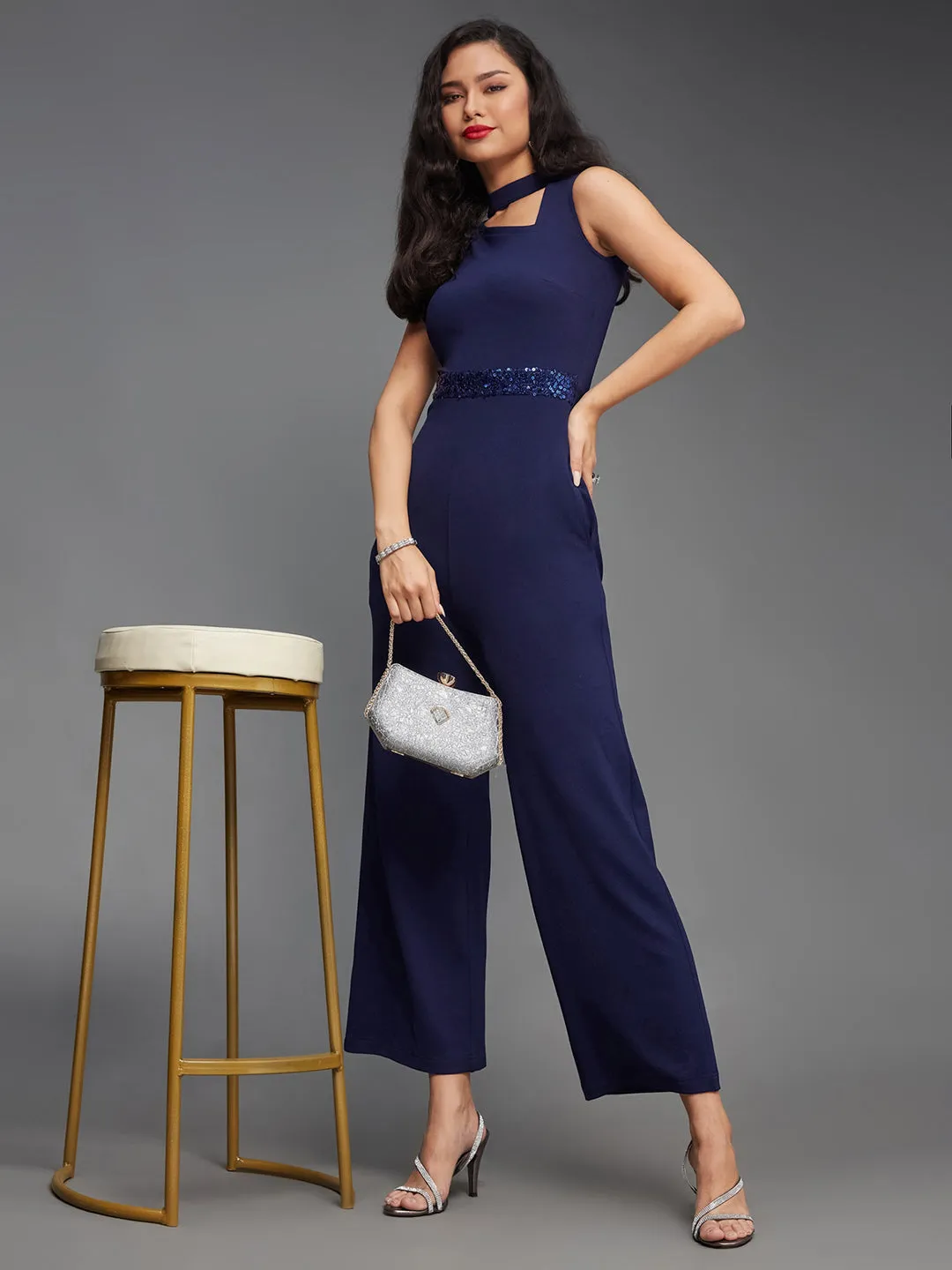Women's Navy-Blue Collared Sleeveless Solid Asymmetric Neck Cut-Out Jumpsuit