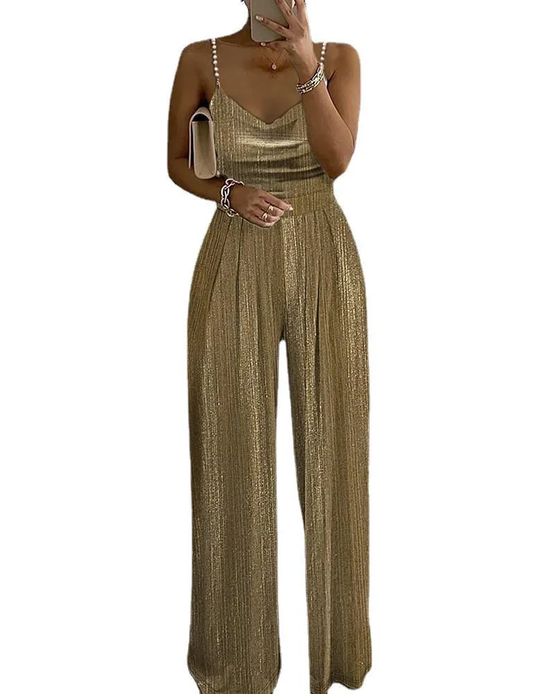 Women's Off-the-shoulder Beaded Pleated Jumpsuit