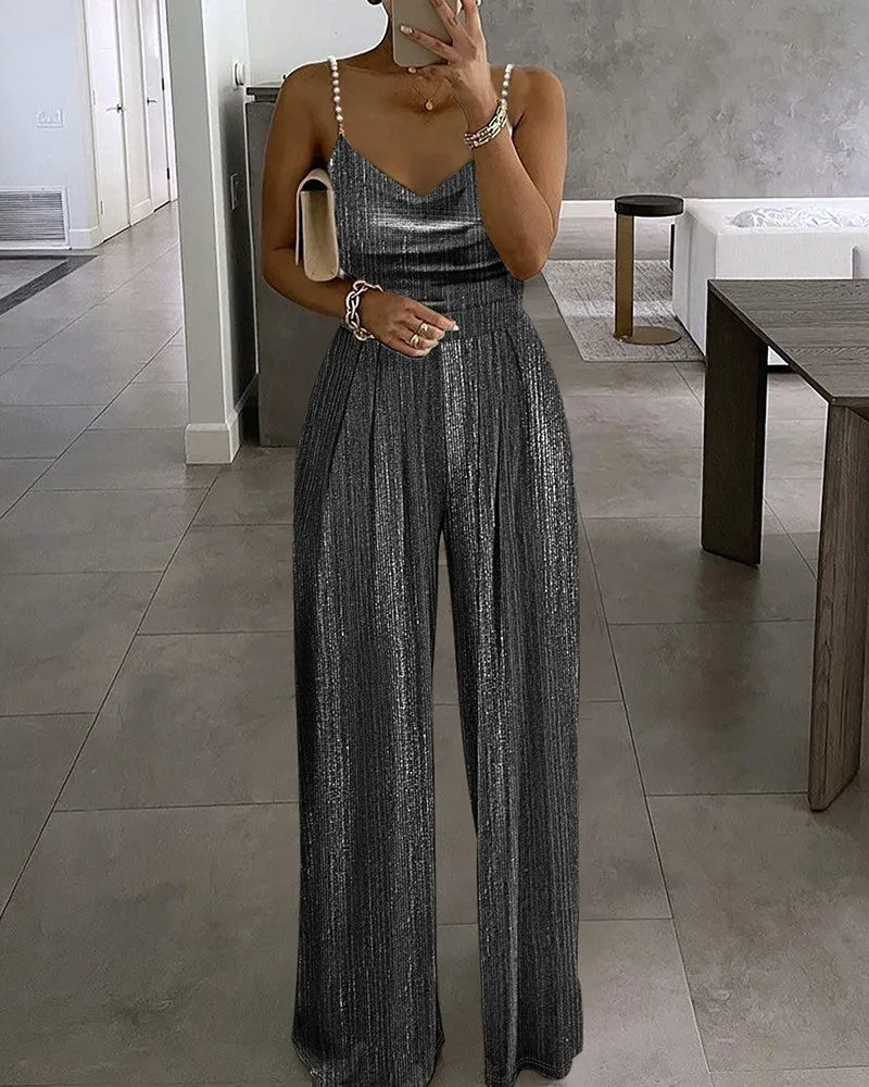 Women's Off-the-shoulder Beaded Pleated Jumpsuit