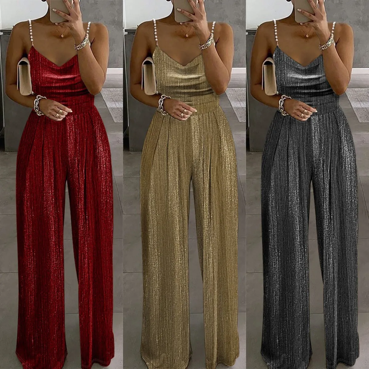 Women's Off-the-shoulder Beaded Pleated Jumpsuit