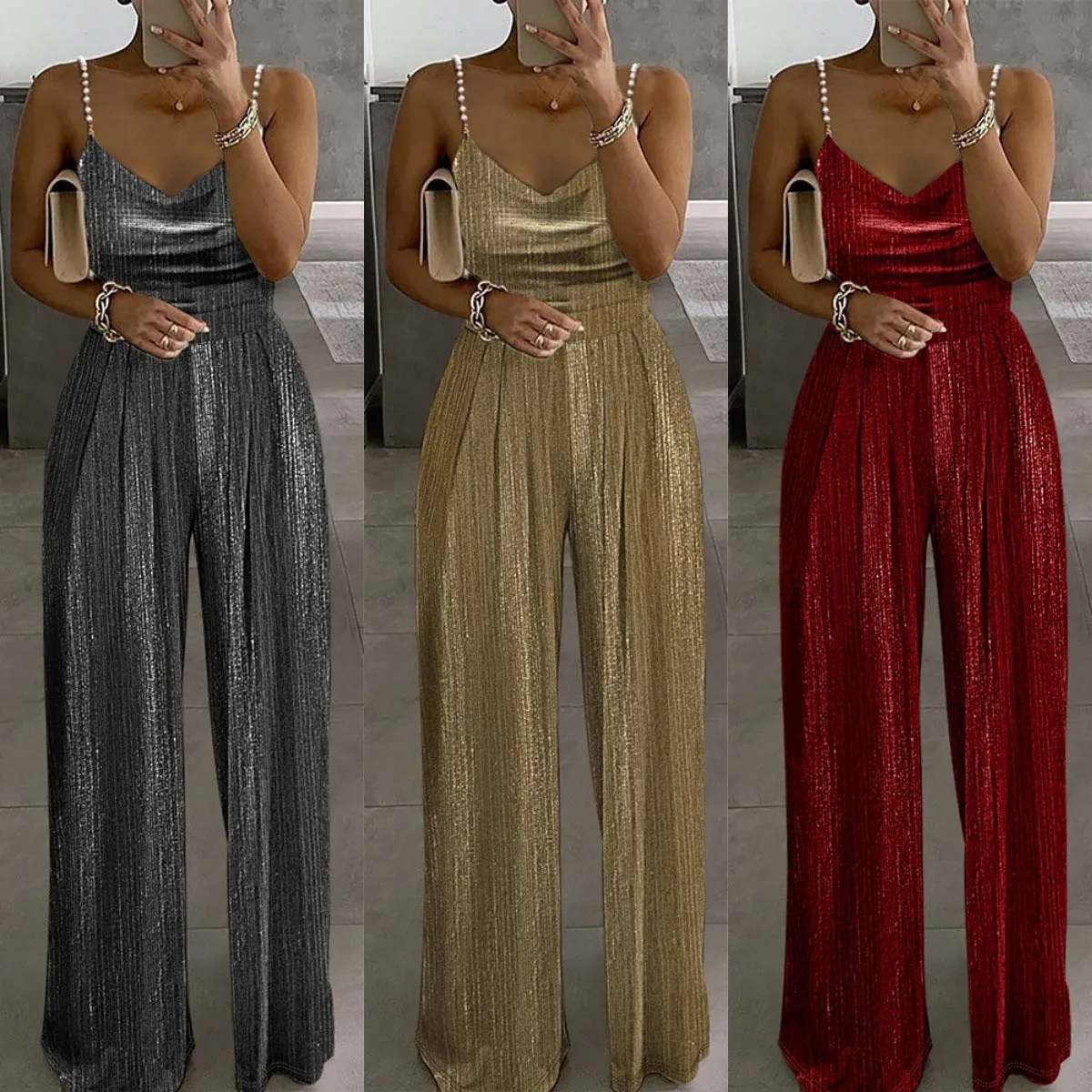 Women's Off-the-shoulder Beaded Pleated Jumpsuit