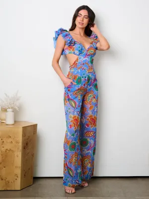 WOMEN'S RUFFLE SLEEVE CUT OUT OPEN BACK MULTI PRINT JUMPSUIT