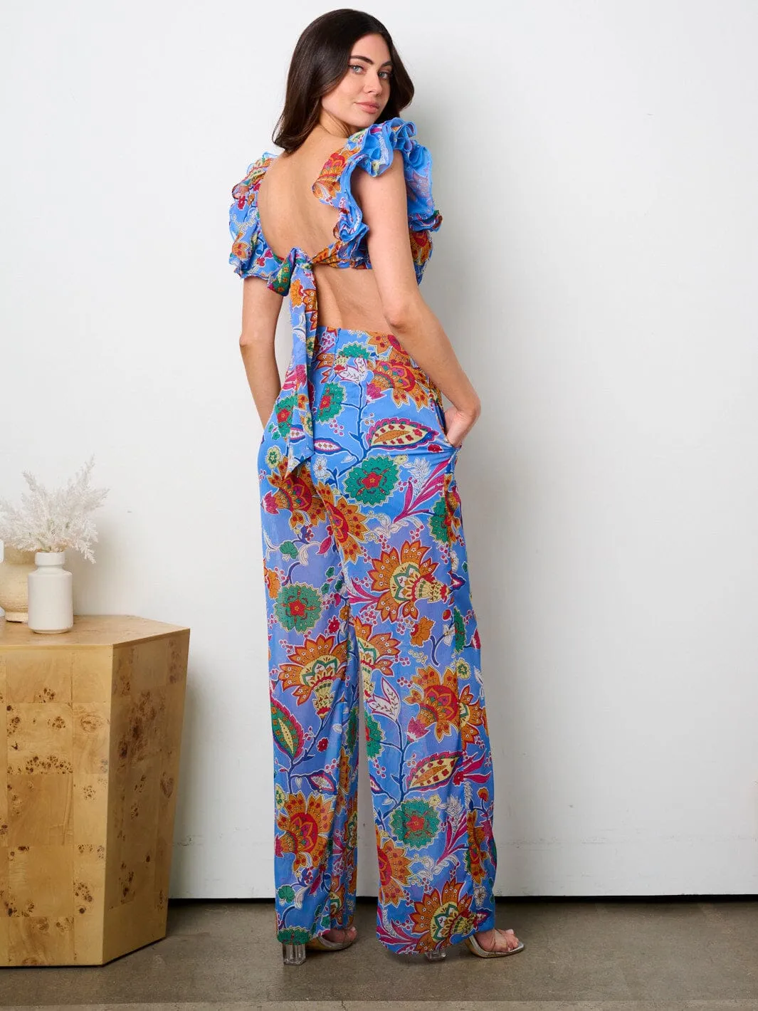 WOMEN'S RUFFLE SLEEVE CUT OUT OPEN BACK MULTI PRINT JUMPSUIT