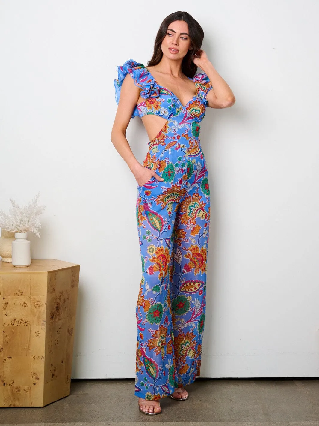 WOMEN'S RUFFLE SLEEVE CUT OUT OPEN BACK MULTI PRINT JUMPSUIT