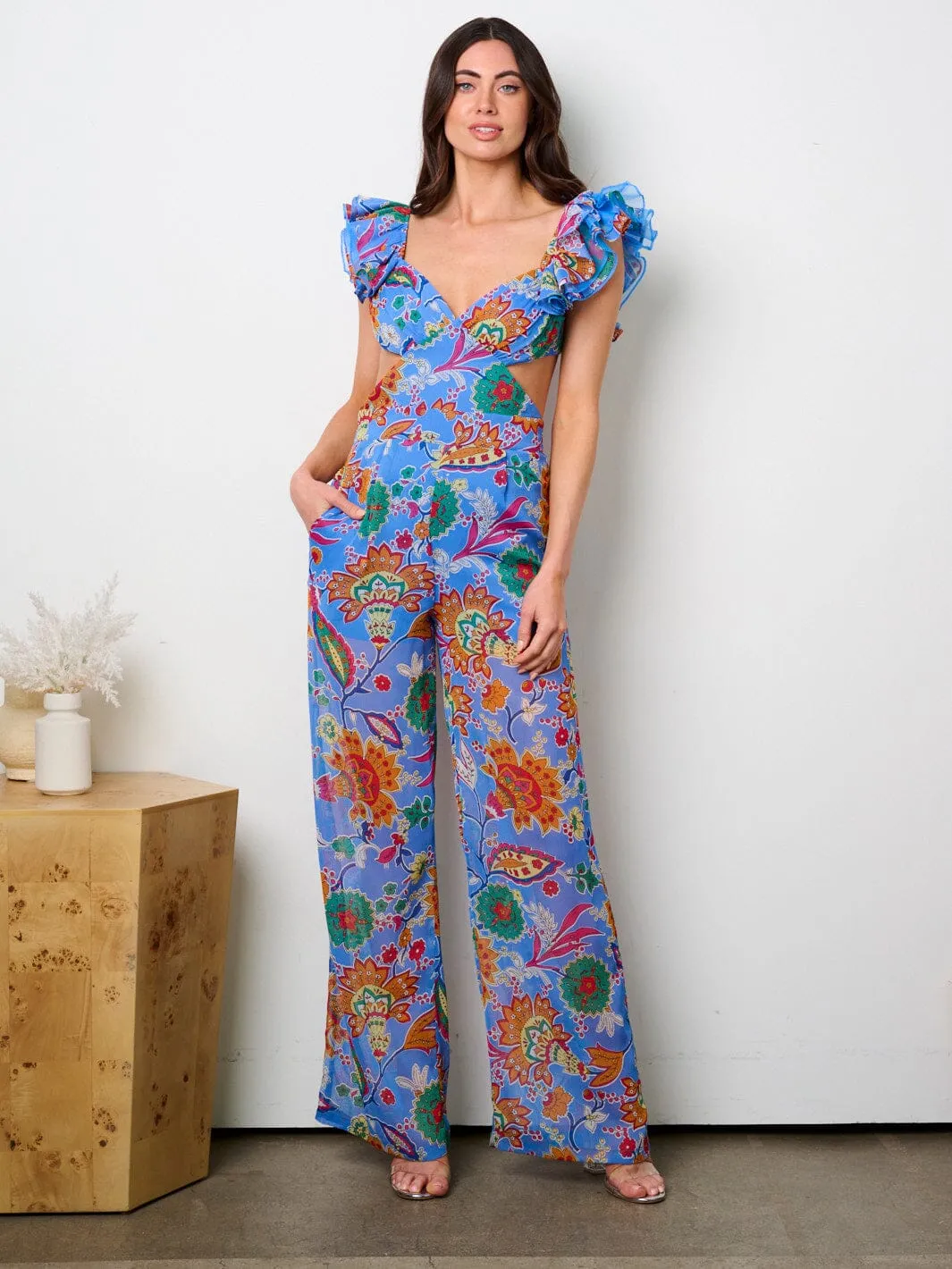 WOMEN'S RUFFLE SLEEVE CUT OUT OPEN BACK MULTI PRINT JUMPSUIT
