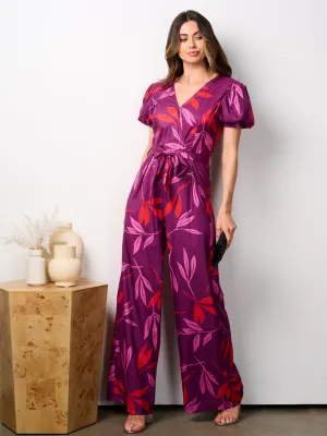 WOMEN'S SHORT SLEEVE SURPLICE LEAF PRINT WIDE LEG JUMPSUIT