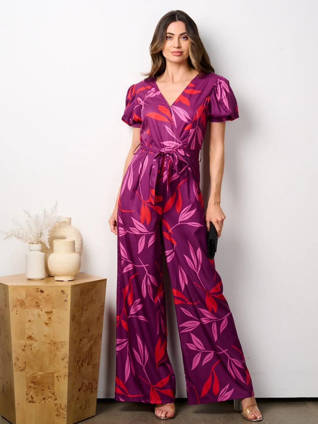 WOMEN'S SHORT SLEEVE SURPLICE LEAF PRINT WIDE LEG JUMPSUIT
