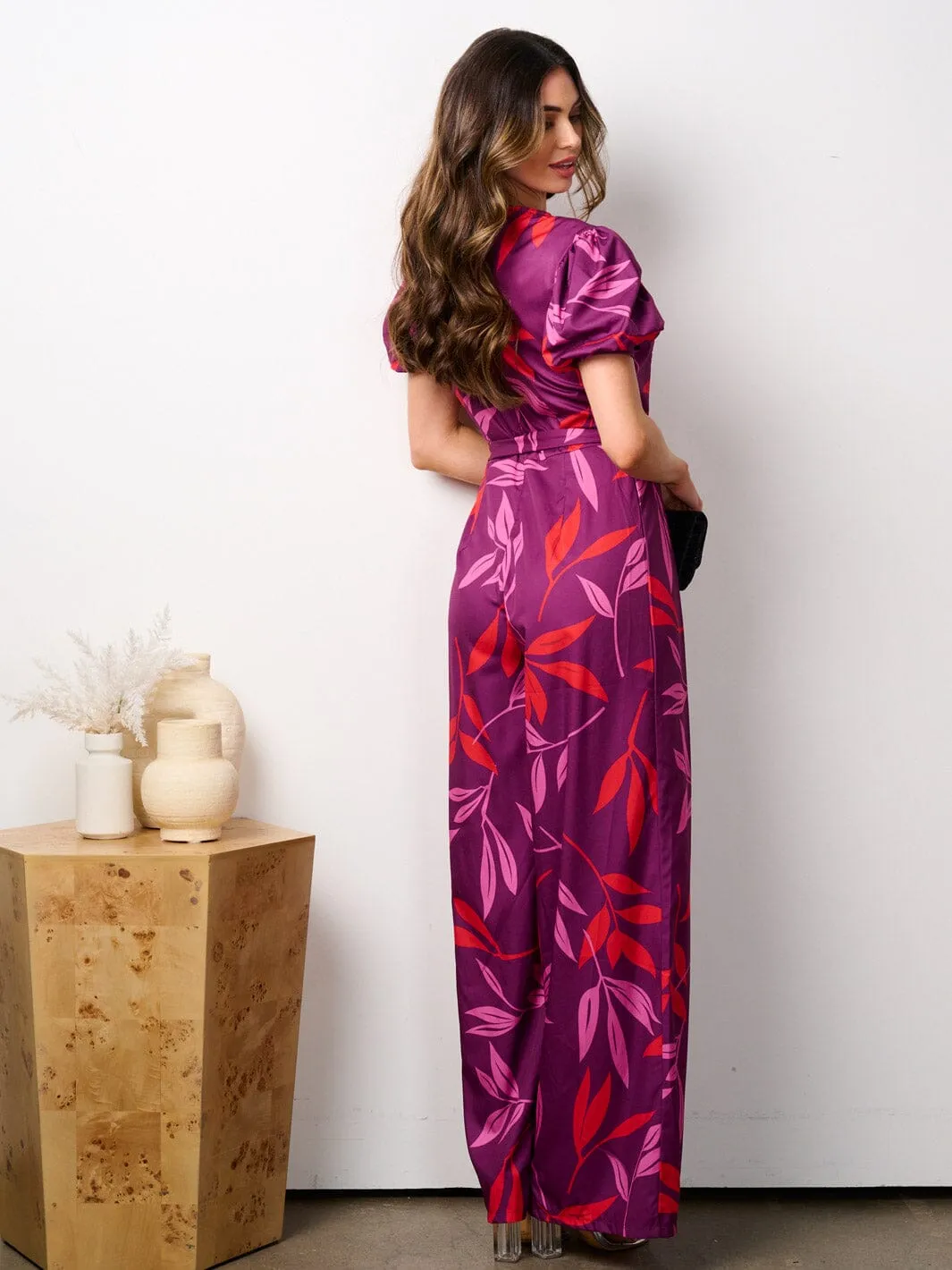 WOMEN'S SHORT SLEEVE SURPLICE LEAF PRINT WIDE LEG JUMPSUIT