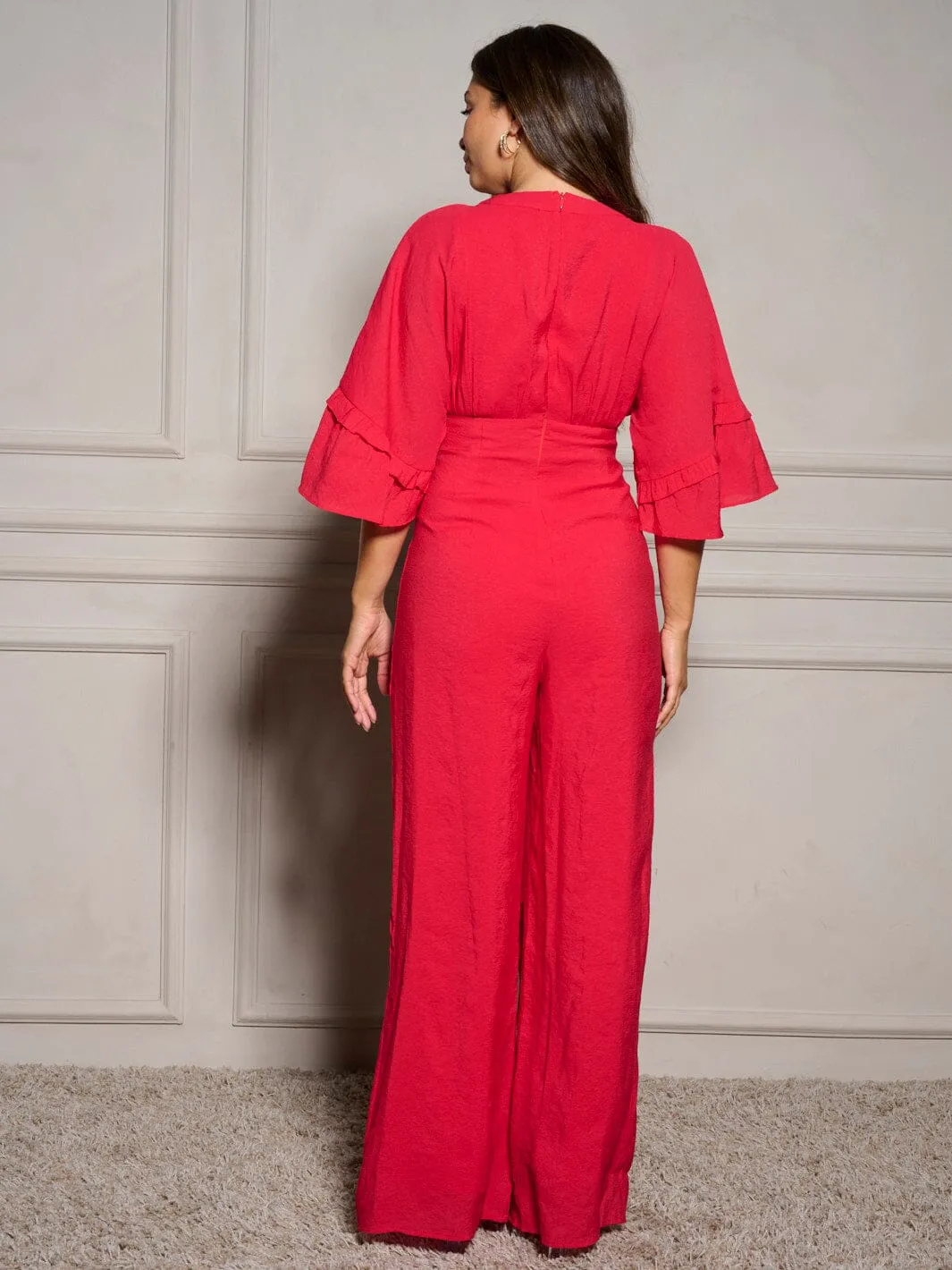 WOMEN'S SHORT SLEEVE V-NECK RUFFLE WIDE LEG JUMPSUIT