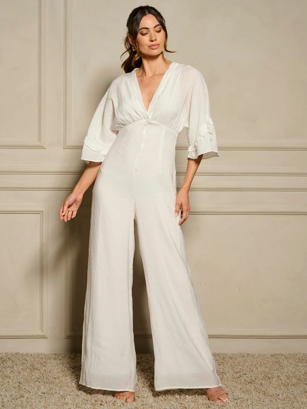 WOMEN'S SHORT SLEEVE V-NECK RUFFLE WIDE LEG JUMPSUIT