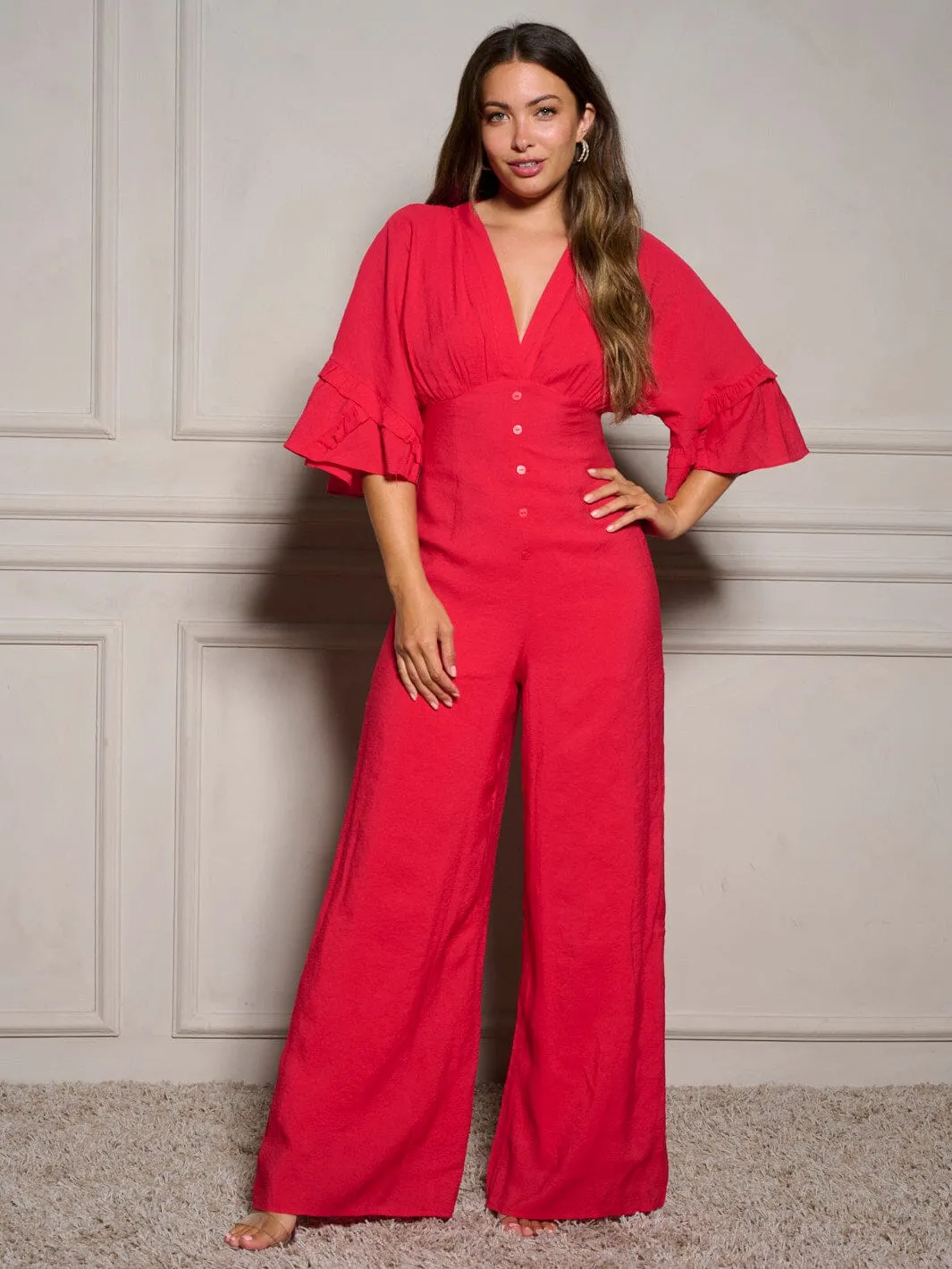 WOMEN'S SHORT SLEEVE V-NECK RUFFLE WIDE LEG JUMPSUIT
