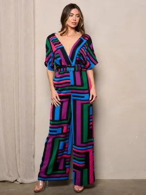 WOMEN'S SHORT SLEEVES SURPLICE MULTI PRINT JUMPSUIT