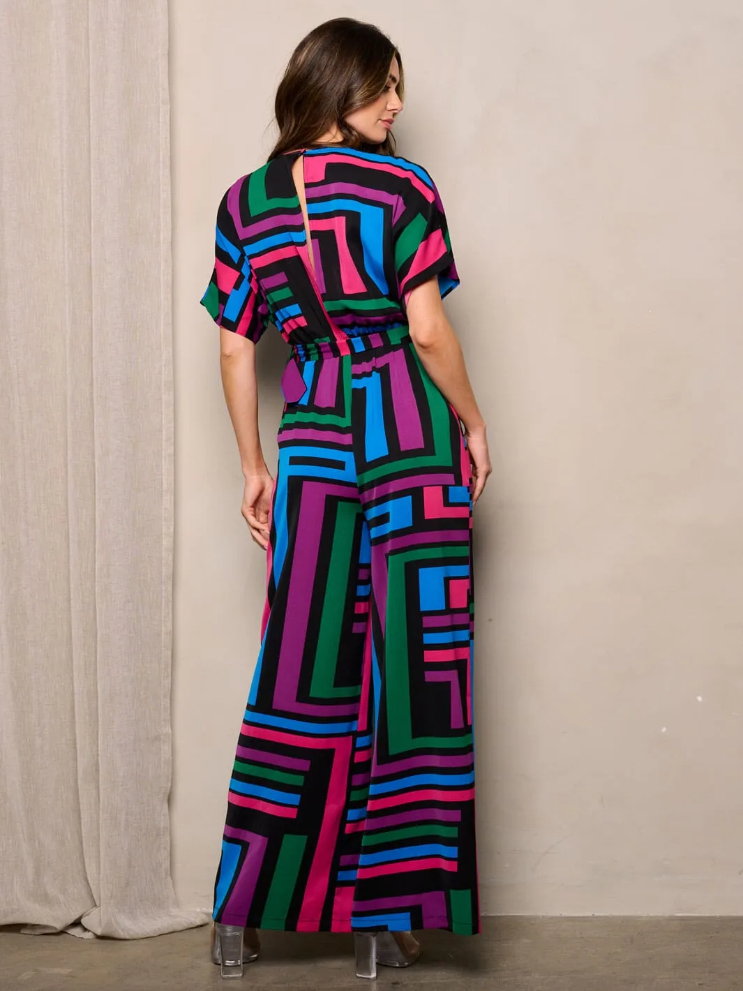 WOMEN'S SHORT SLEEVES SURPLICE MULTI PRINT JUMPSUIT