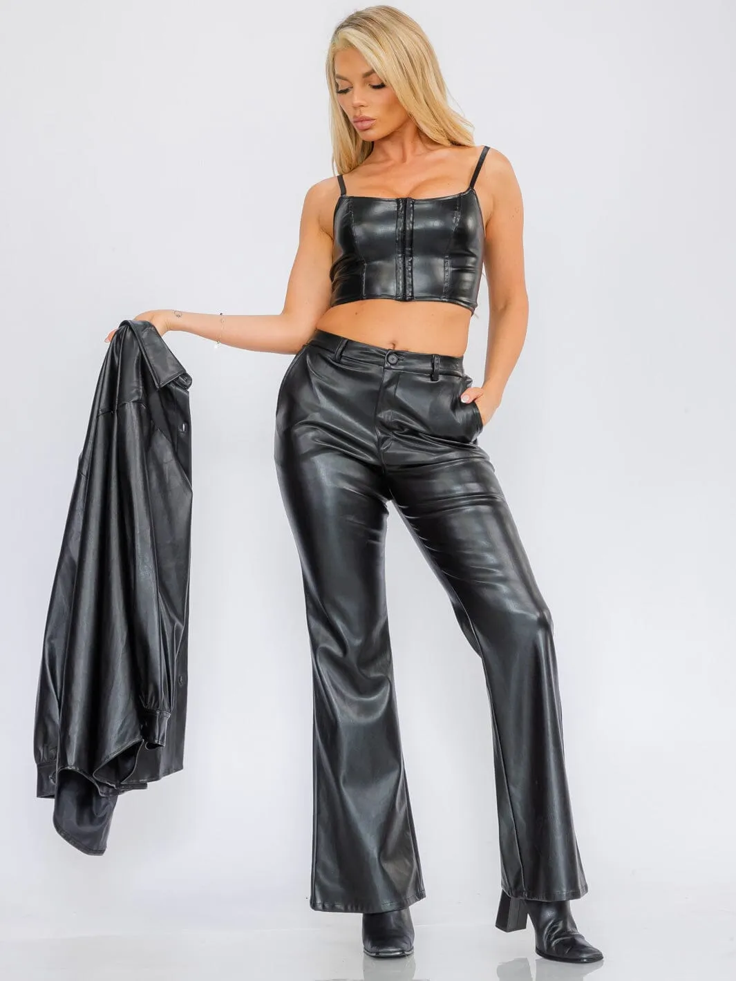 WOMEN'S SLEEVELESS CROP TOP & BUTTON CLOSURE WIDE LEG PANTS PU PLEATHER 2PC SET