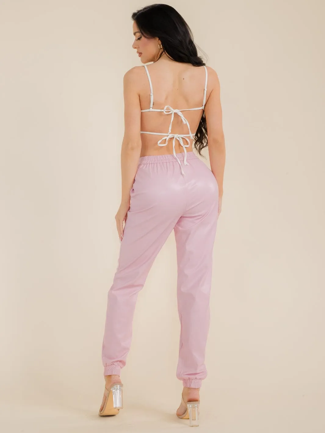 WOMEN'S SLEEVELESS CROP TOP & JOGGER PANTS PU PLEATHER 2PC SETS