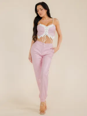 WOMEN'S SLEEVELESS CROP TOP & JOGGER PANTS PU PLEATHER 2PC SETS