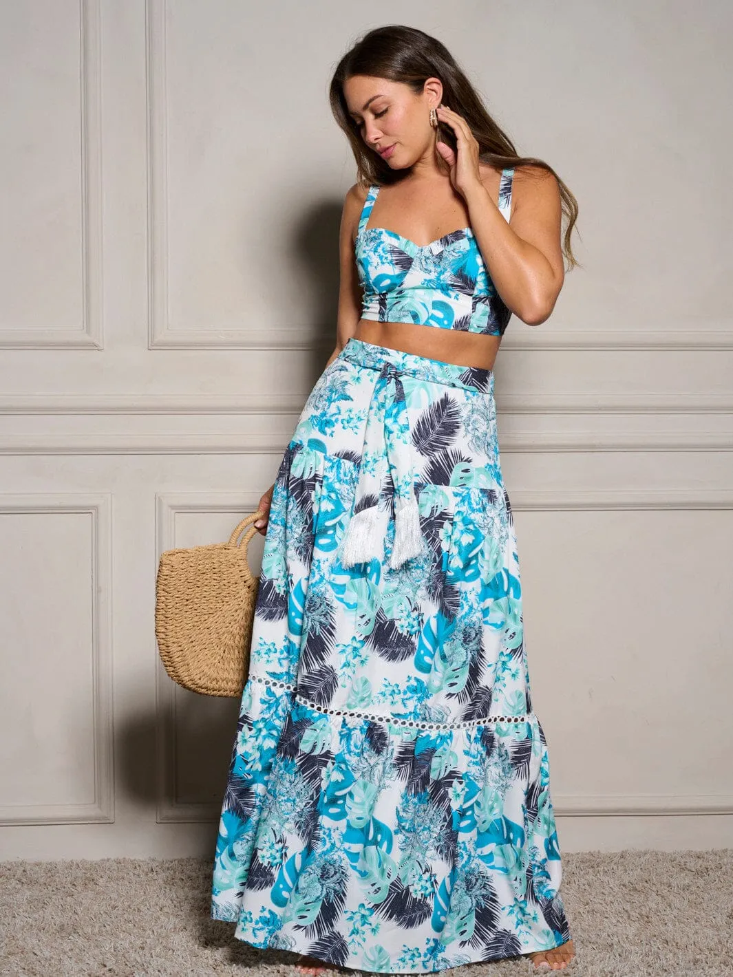 WOMEN'S SLEEVELESS CROP TOP & RUFFLE SKIRT FLORAL 2PC. SET