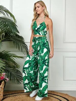 WOMEN'S SLEEVELESS CROP TOP & WIDE LEG PANTS LEAF PRINT 2PC.SET
