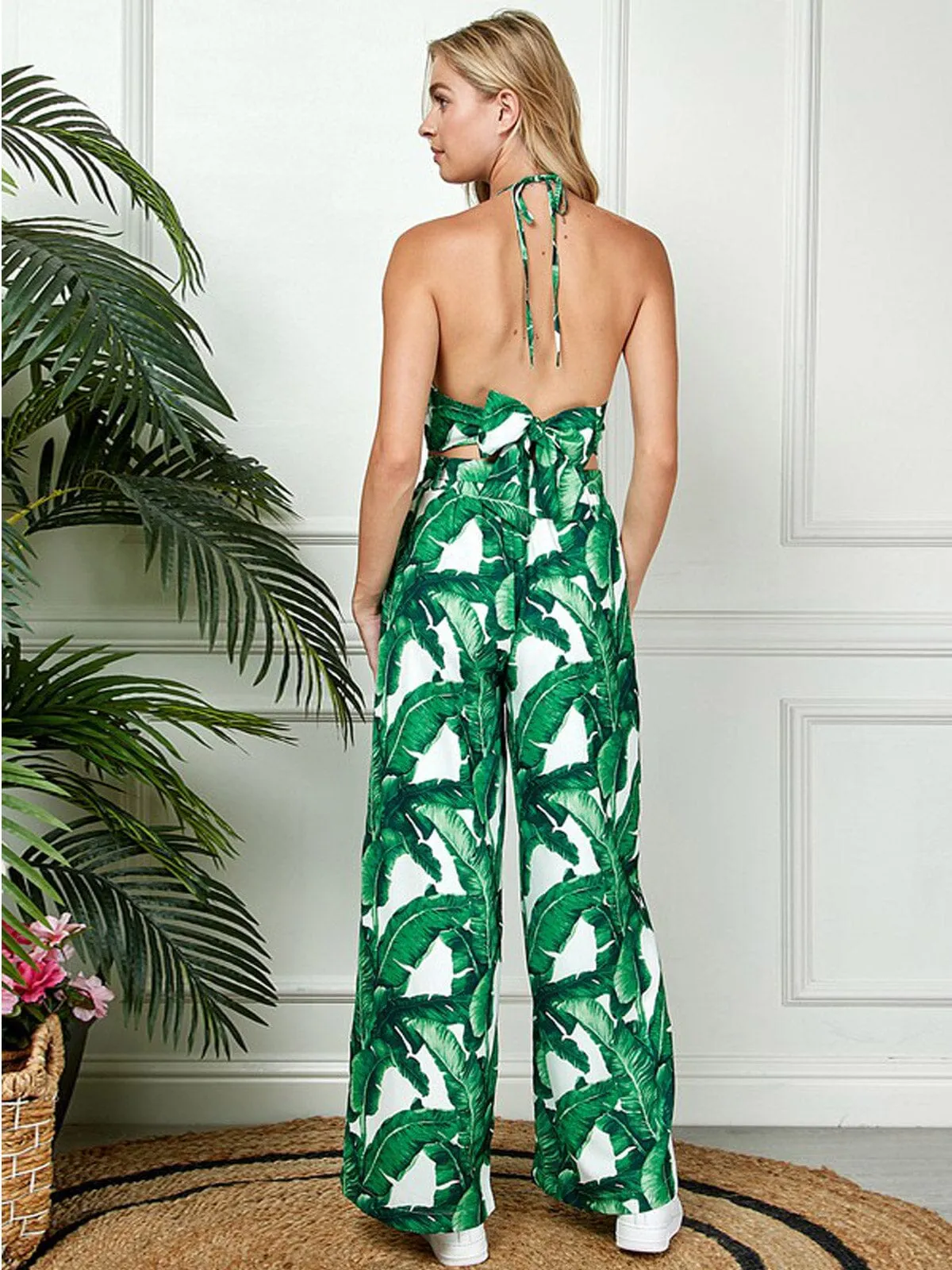 WOMEN'S SLEEVELESS CROP TOP & WIDE LEG PANTS LEAF PRINT 2PC.SET