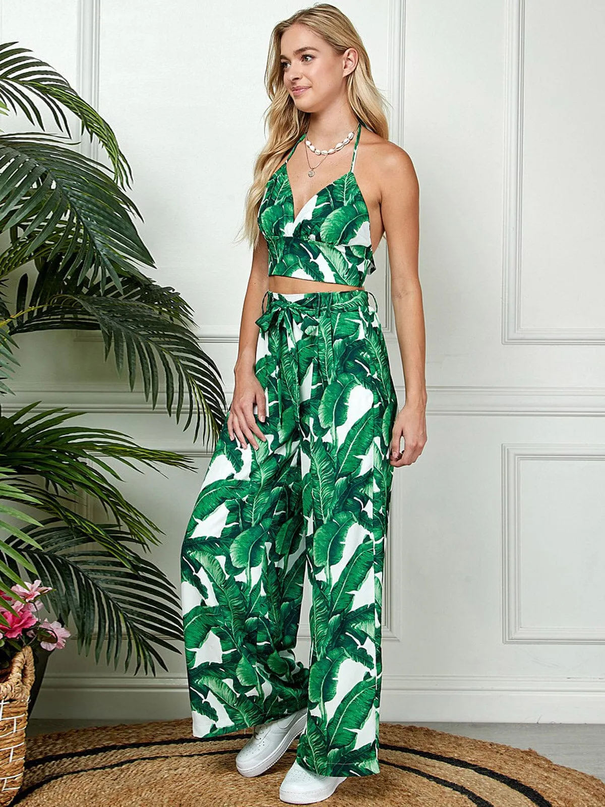 WOMEN'S SLEEVELESS CROP TOP & WIDE LEG PANTS LEAF PRINT 2PC.SET