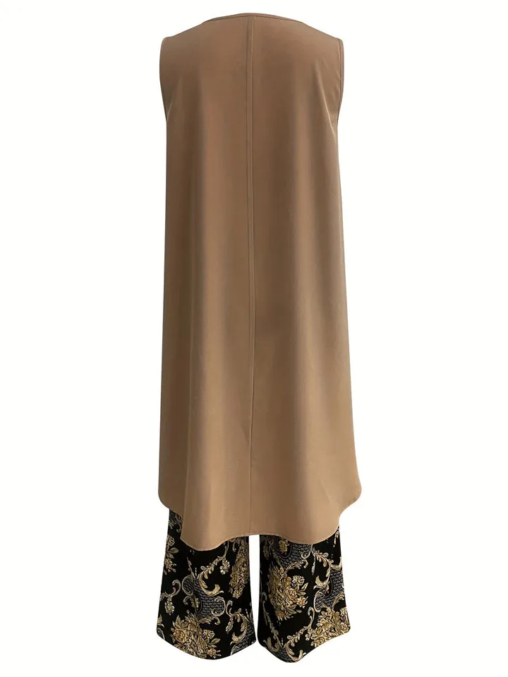 Women's Sleeveless Irregular Hem Camel Shirt   Ethnic Print Pants