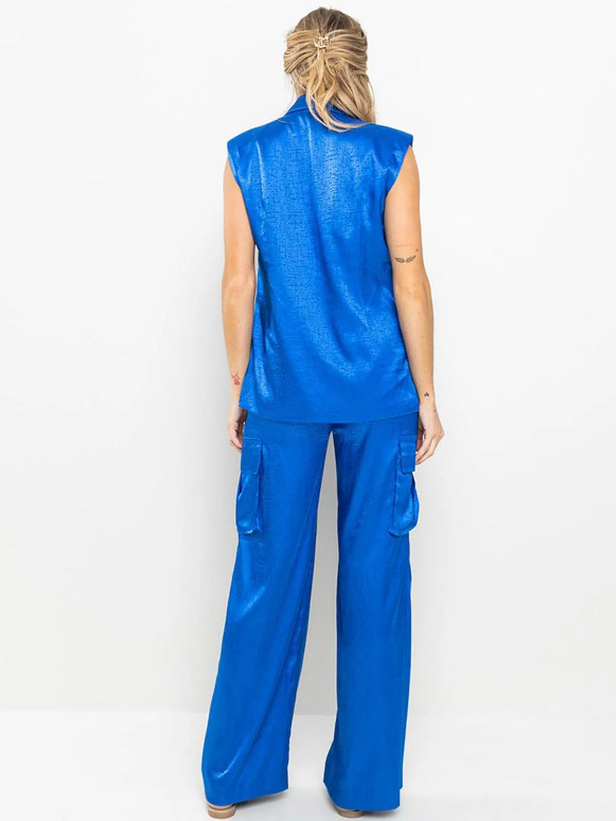 WOMEN'S SLEEVELESS SHOLDER PADDING TOP & WIDE LEG PANTS SATIN 2PC. SET