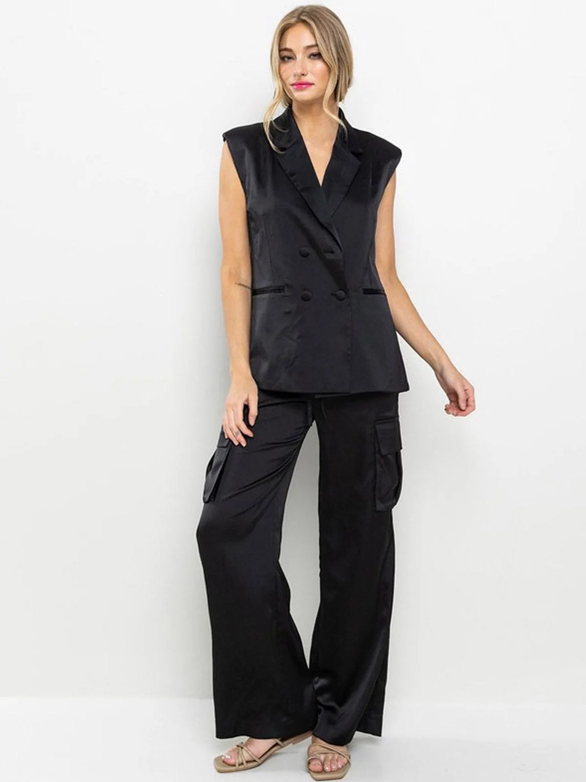 WOMEN'S SLEEVELESS SHOLDER PADDING TOP & WIDE LEG PANTS SATIN 2PC. SET