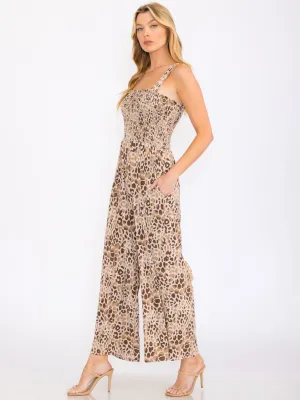 WOMEN'S SLEEVELESS SMOCK POCKETS ANIMAL PRINT WIDE LEG JUMPSUIT
