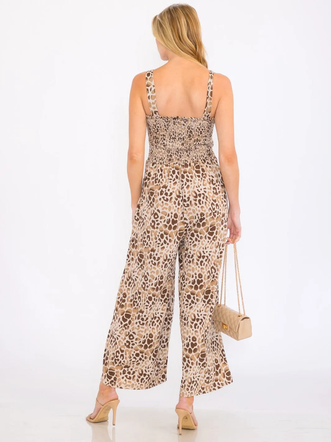 WOMEN'S SLEEVELESS SMOCK POCKETS ANIMAL PRINT WIDE LEG JUMPSUIT