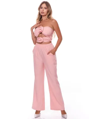 WOMEN'S SLEEVELESS TUBE TOP & WIDE LEG PANTS SOLID 2PC. SET