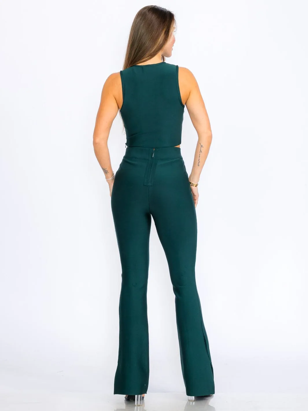 WOMEN'S SLEEVELESS V-NECK CROP TOP & ZIP UP BELL LEG PANTS BANDAGE 2PC.SET