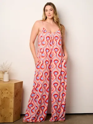 WOMEN'S SLEEVELESS V-NECK POCKETS MULTI PRINT WIDE LEG JUMPSUIT