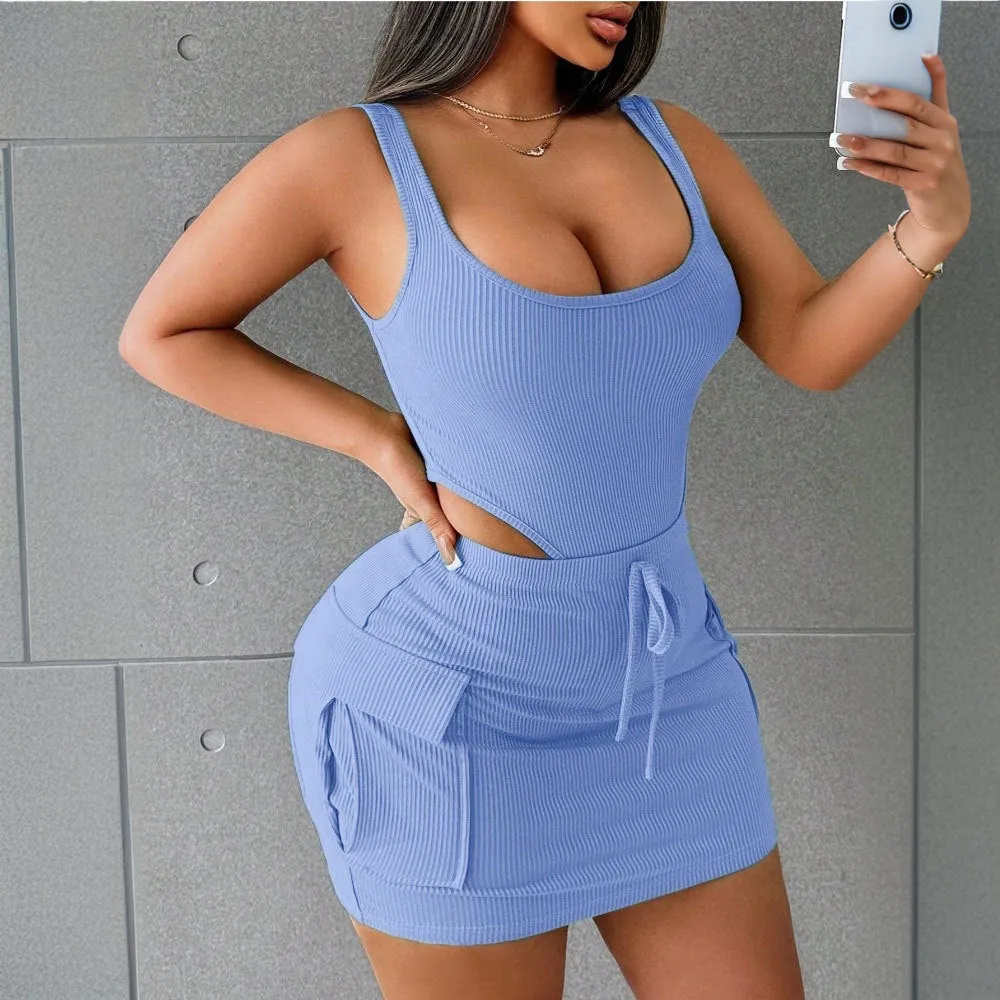 Women's Suits Summer Square Neck Suspender Jumpsuit And Slim Skirt
