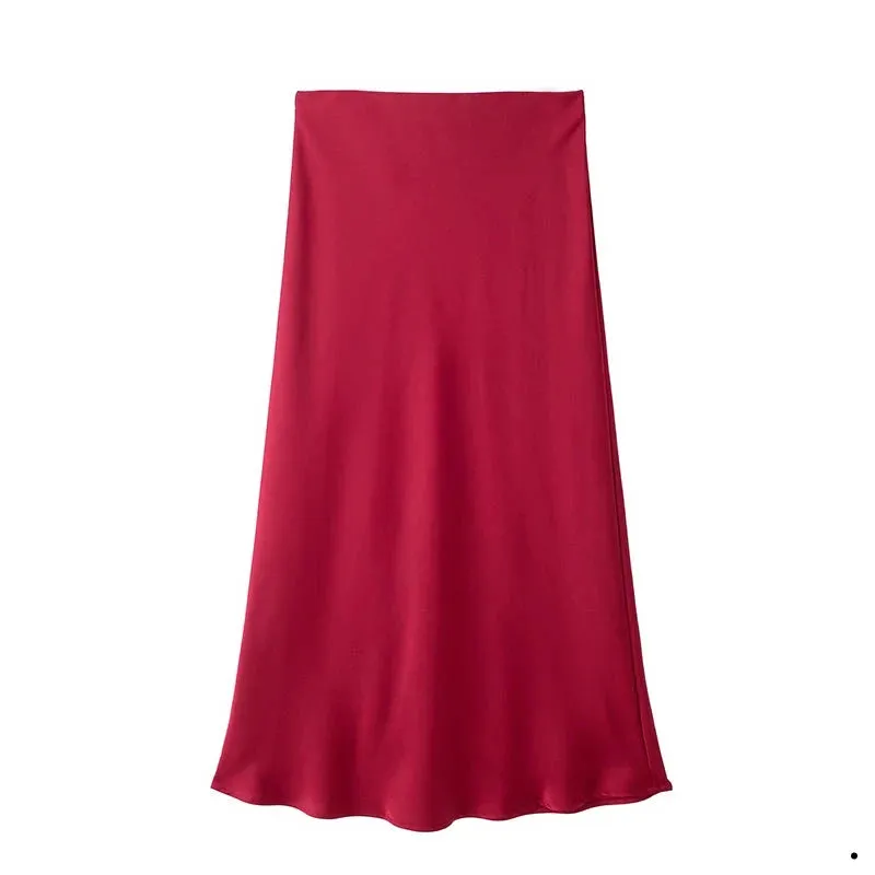 Women's Vintage Fashion Satin Solid Pleated Midi Skirt