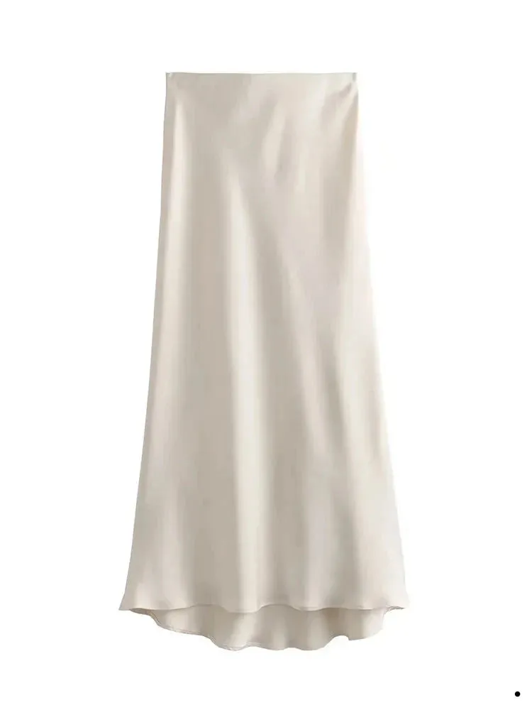 Women's Vintage Fashion Satin Solid Pleated Midi Skirt