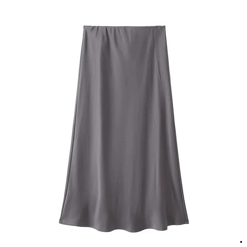 Women's Vintage Fashion Satin Solid Pleated Midi Skirt